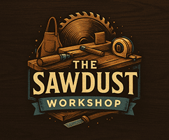 Logo for The Sawdust Workshop with woodworking tools and a saw blade.