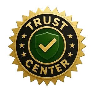Gold and green trust center badge with a checkmark.