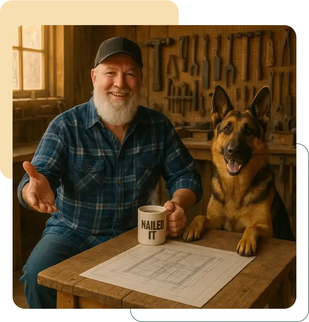 Man in plaid shirt with dog, smiling and holding a coffee mug indoors.