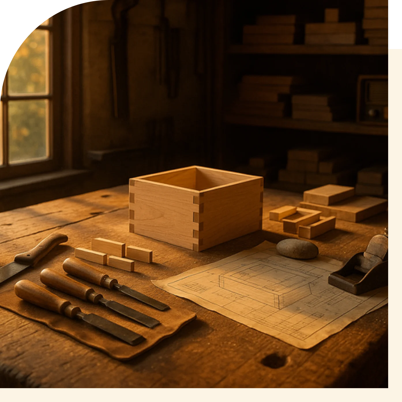 A woodworking workspace with tools and a wooden box under warm lighting.