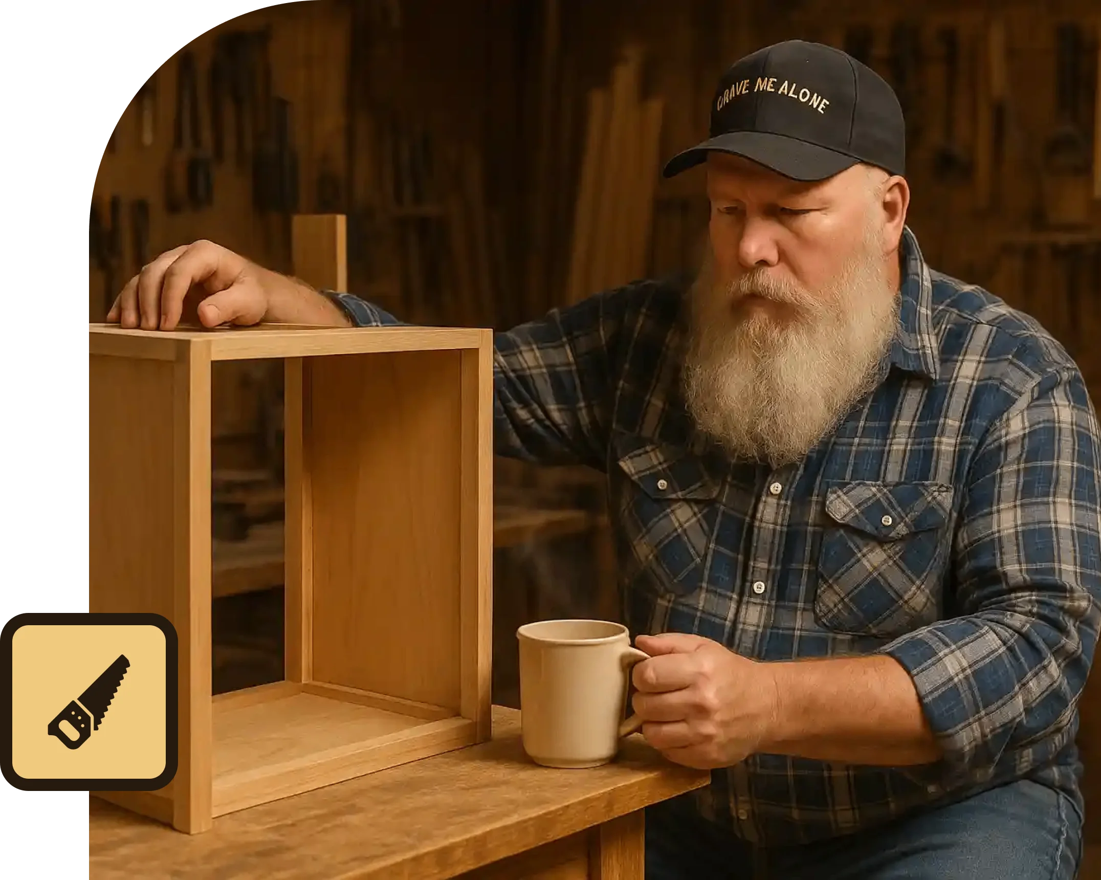 Man with a beard and cap assembling a wooden box.