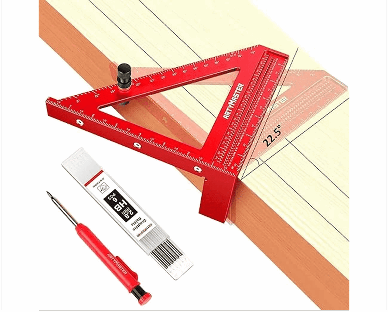 A red carpenter's square and screwdriver on wood.