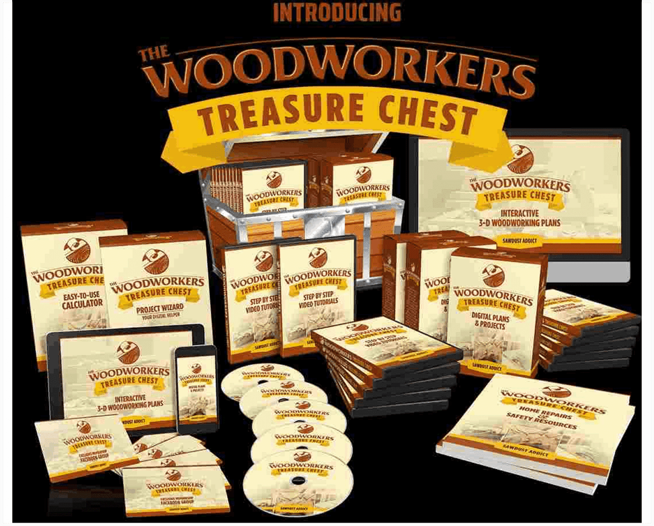 Complete Woodworkers Treasure Chest kit with books, DVDs, and guides.