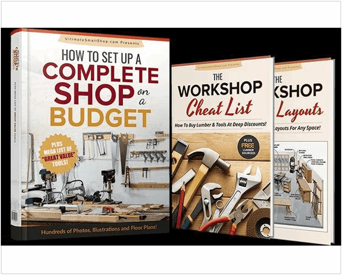 Set of books on woodworking and shop setup with tools on covers.
