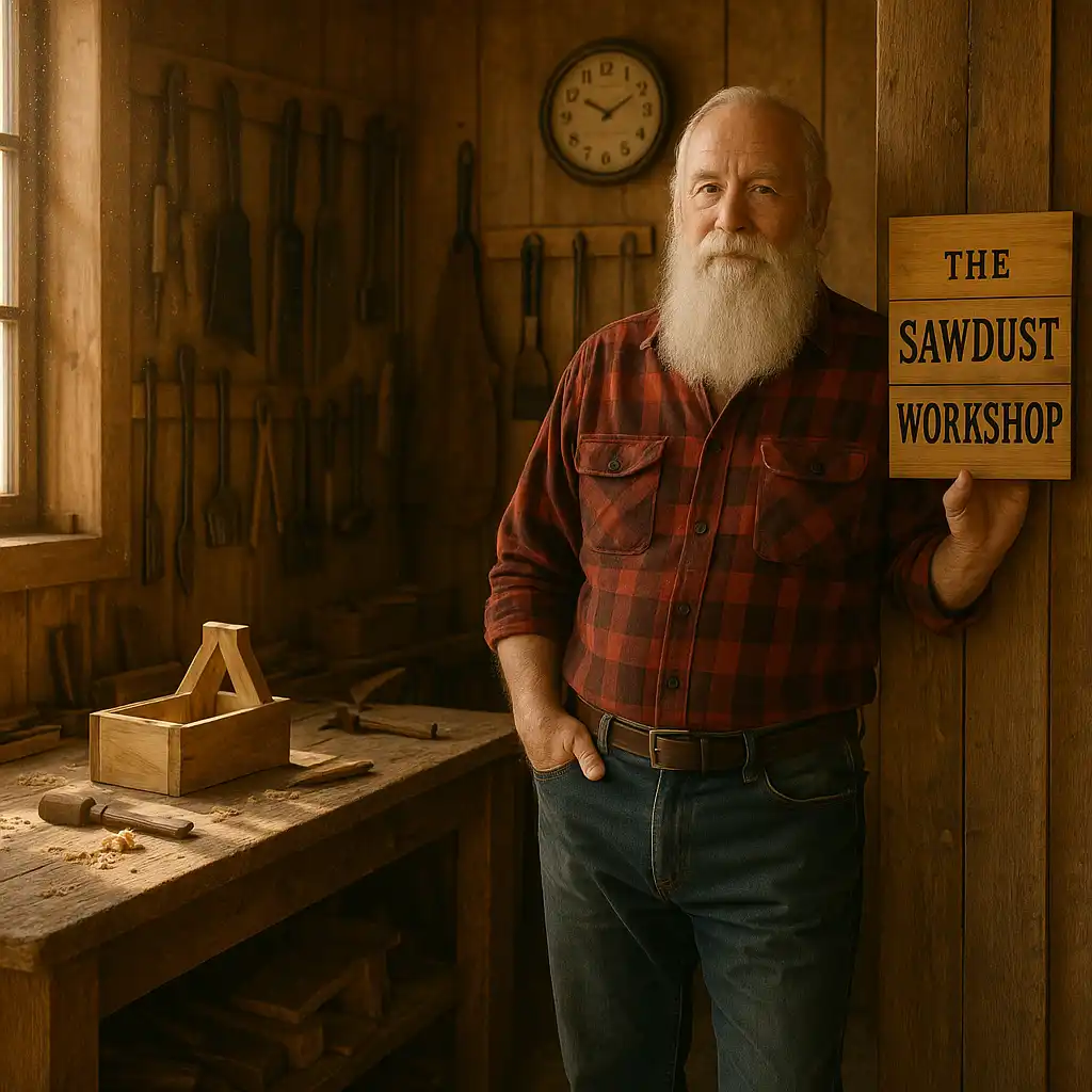 Bearded man in a plaid shirt stands in a woodworking shop holding a sign.