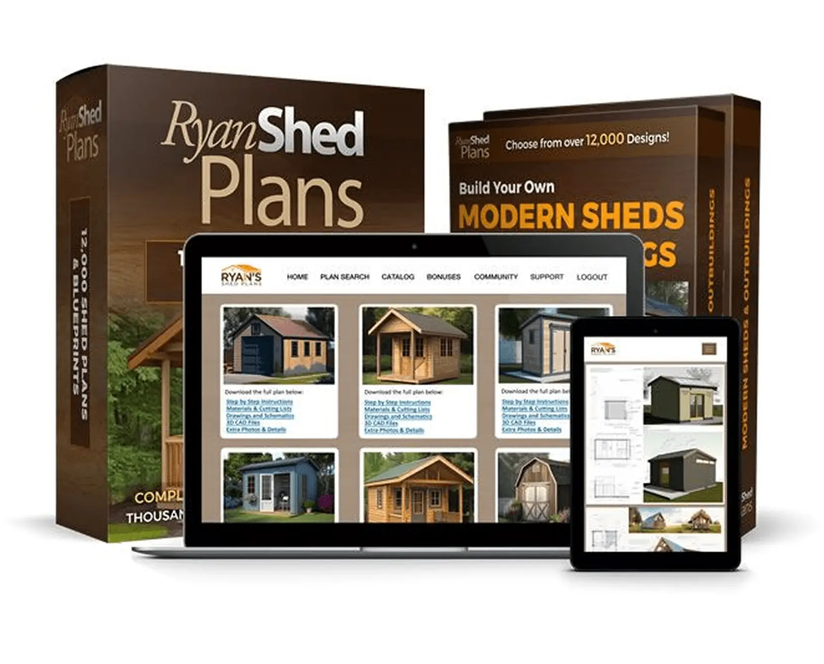 Digital product showcasing modern shed plans on various devices.